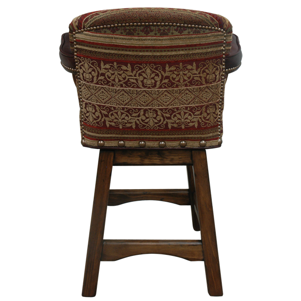 Rear view of Pueblo bar stool with contrasting patterned backrest and wood frame