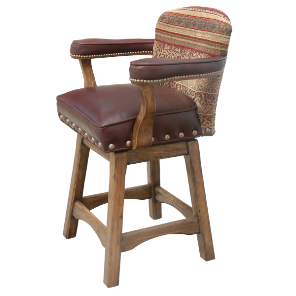 Three-quarter front view of Pueblo bar stool with contrasting fabrics and leather armrest