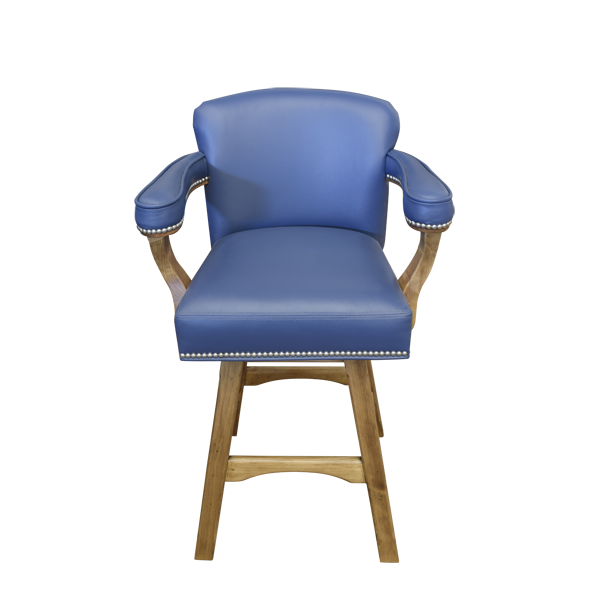 Elevated front view of Pueblo 2 bar stool with blue leather seat and clean lines