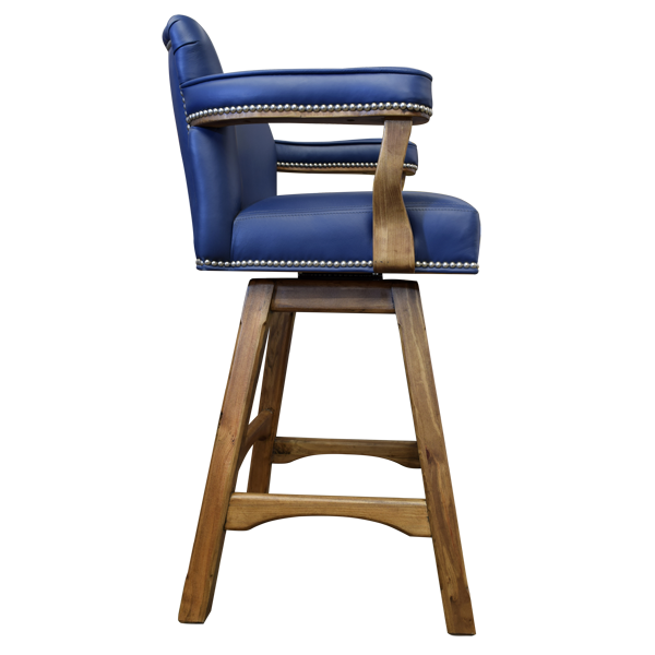 Side view of Pueblo 2 bar stool with blue leather armrest and swivel structure