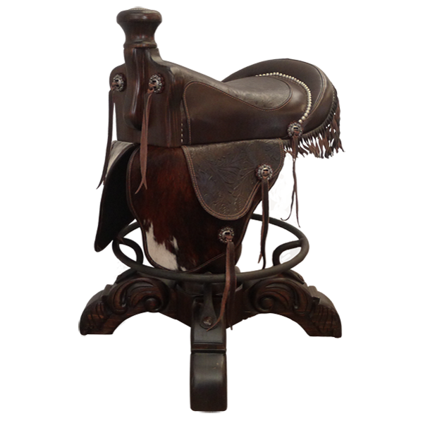 Three-quarter front view of Saddle Bar Stool 2 with dark brown leather saddle and cowhide fenders