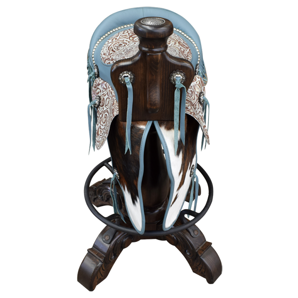 Front view of Saddle Turquesa bar stool with turquoise leather saddle and cowhide seat