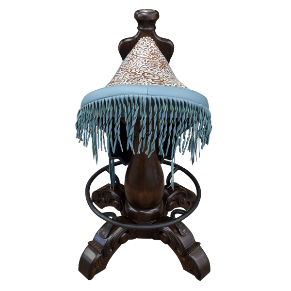 Rear view of Saddle Turquesa bar stool with turquoise latigo strings and handcrafted wood base