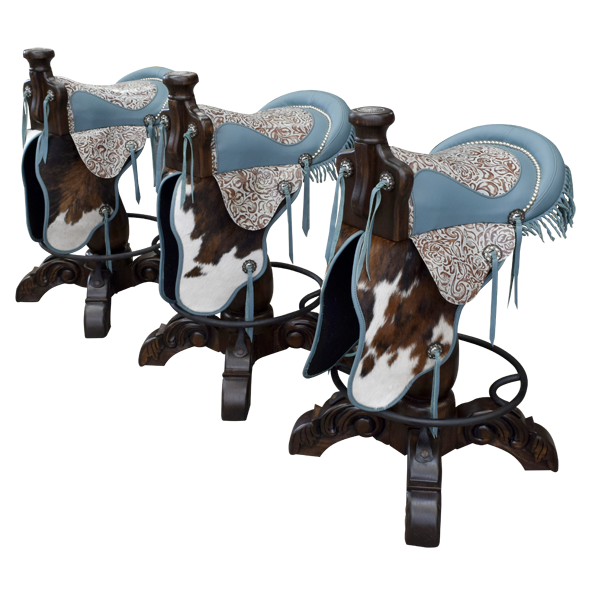 Set of three Saddle Turquesa bar stools with turquoise leather in group view
