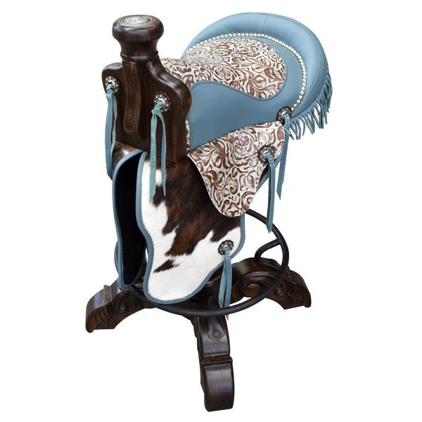 Three-quarter front view of Saddle Turquesa bar stool with turquoise leather and fringe details