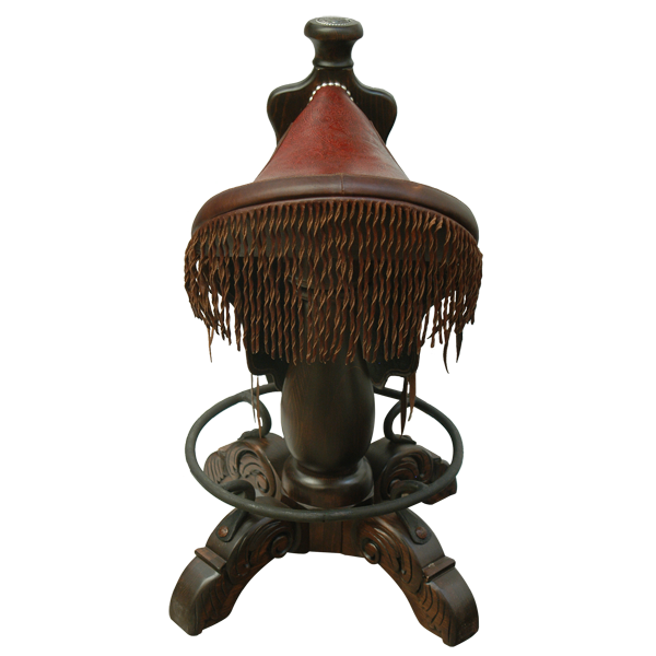 Rear view of Saddle Rojo bar stool with leather fringe and latigo strings