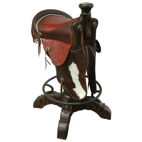 Three-quarter front view of Saddle Rojo bar stool with earthen leather saddle and cowhide fenders
