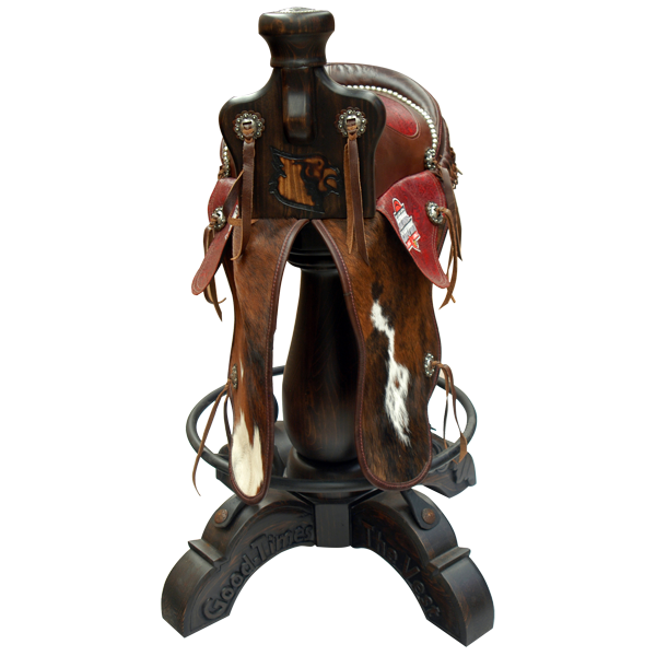 Front view of Saddle Cardenal bar stool with red leather saddle and cowhide fenders