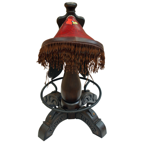 Rear view of Saddle Cardenal bar stool with fringe and latigo strings