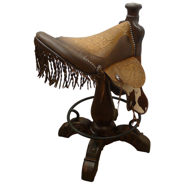 Three-quarter rear view of Saddle Turquesa 2 bar stool with fringe and silver conchos