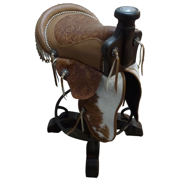 Three-quarter front view of Saddle 5 bar stool with embossed leather and cowhide fenders