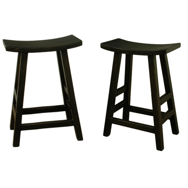 Two Mesa bar stools, one front view and one three-quarter view, with concave rectangular top and splayed legs