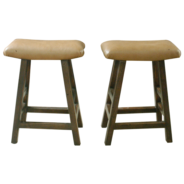 Two Mesa 2 bar stools front view with beige leather concave tops and splayed wood legs