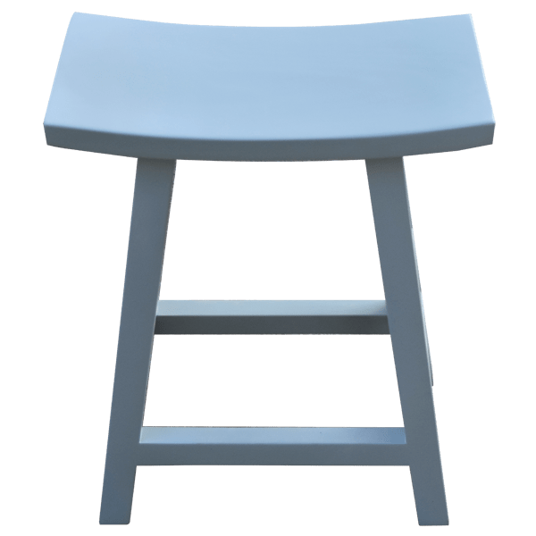 Elevated front view of Mesa 3 bar stool with blue upholstery and minimalist design