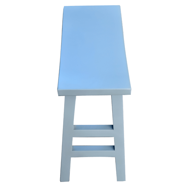 Elevated side view of Mesa 3 bar stool with blue seat and minimalist structure