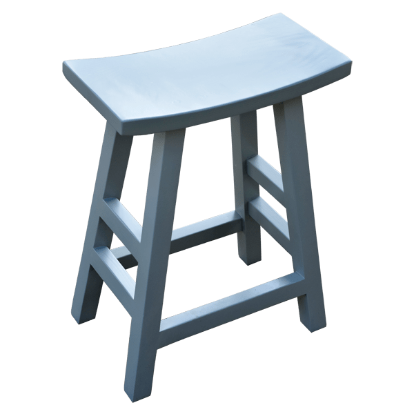 Elevated three-quarter view of Mesa 3 bar stool with blue seat and minimalist wooden frame