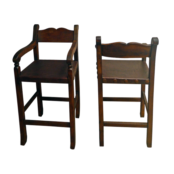 Front and rear views of Rustico bar stool with cowhide seat and turned wood arms