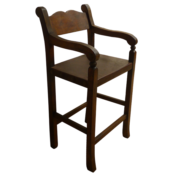 Three-quarter view of Rustico bar stool with dark wood frame and cowhide seat