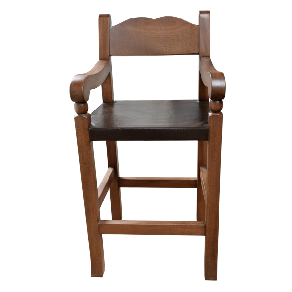 Front view of Rustico bar stool with light brown wood frame and dark cowhide seat