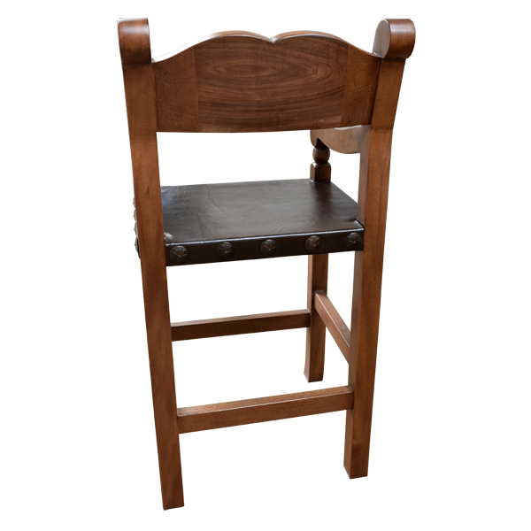 Rear view of Rustico bar stool with colonial cut backrest and curved legs