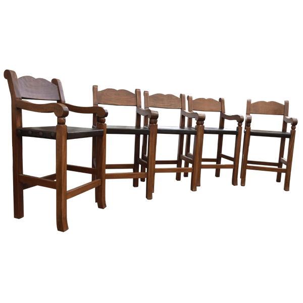 Set of five Rustico bar stools with light wood frames and dark cowhide seats