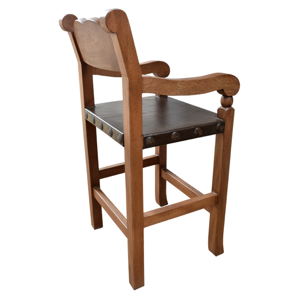 Three-quarter rear view of Rustico bar stool with colonial backrest and turned arms