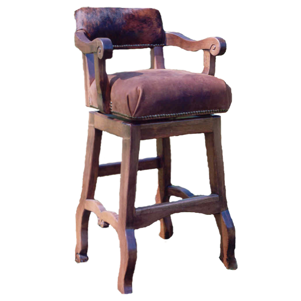 Semi-front view of Mission bar stool with earthen leather seat and carved wood arms