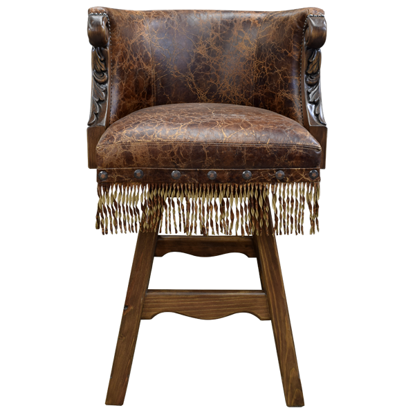 Front view of Rancho Chulo 6 bar stool with embossed leather seat and fringe base