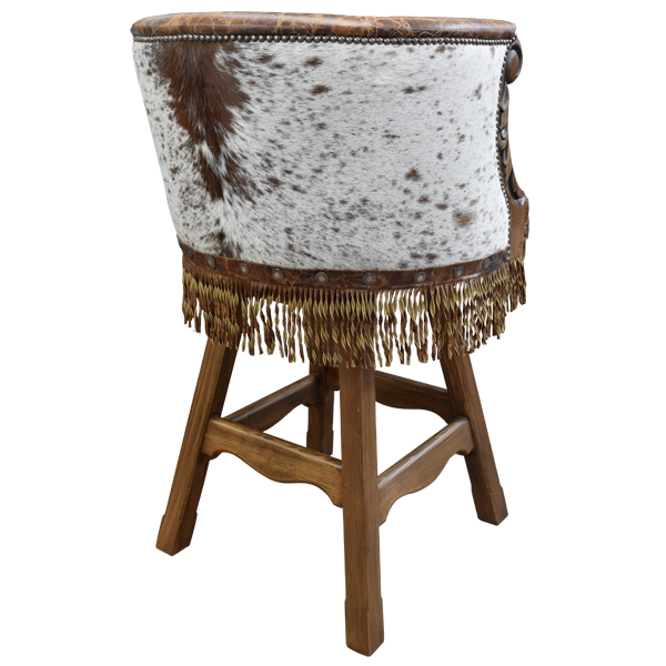 Rear view of Rancho Chulo 6 bar stool with cowhide backrest and fringe base
