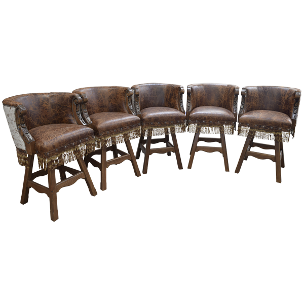 Set of five Rancho Chulo 6 bar stools with leather and cowhide upholstery in group view