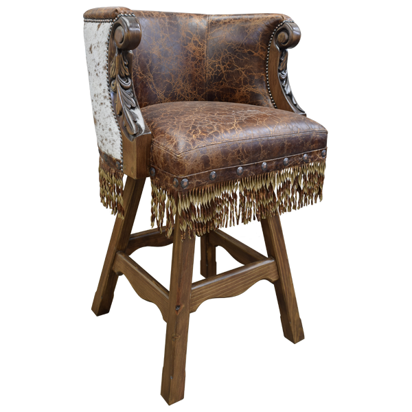 Three-quarter front view of Rancho Chulo 6 bar stool with contrasting leather and cowhide