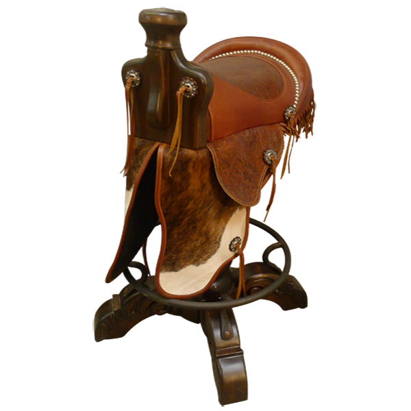 Three-quarter front view of Saddle 7 bar stool with handcrafted cowboy saddle and decorative conchos