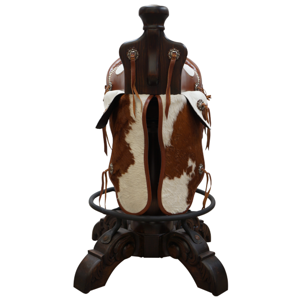 Front view of Saddle 12 bar stool with white leather saddle and cowhide fenders