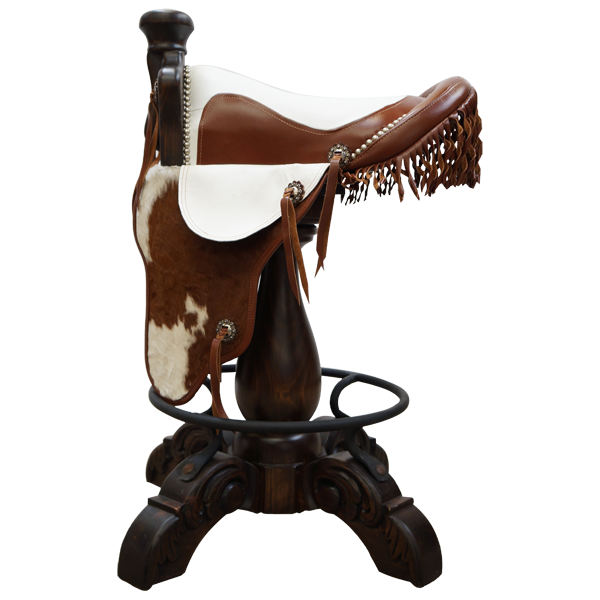 Side view of Saddle 12 bar stool with fringe accents and carved wood pedestal