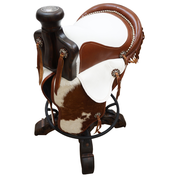 Three-quarter front view of Saddle 12 bar stool with white saddle, cowhide fenders, and decorative conchos