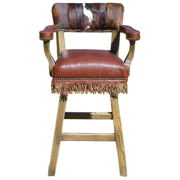 Front view of Pueblo bar stool with brown leather seat, patchwork cowhide backrest, and fringe base