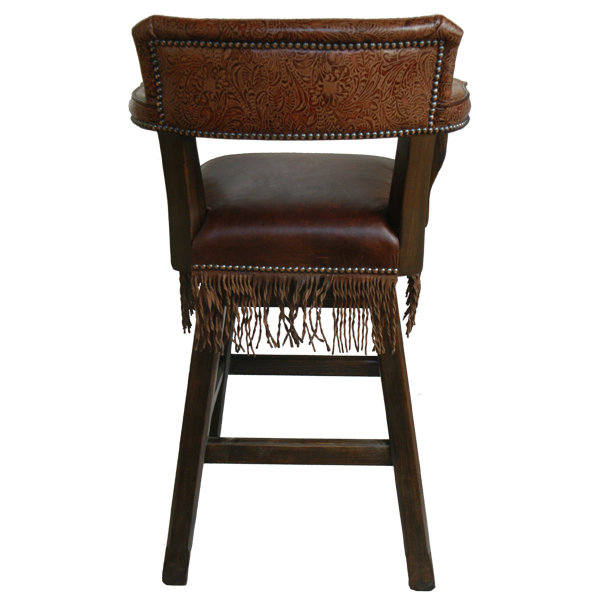 Back view of Pueblo 2 bar stool with embossed leather backrest and fringe detail