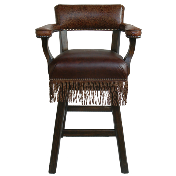 Front view of Pueblo 2 bar stool with dark chocolate leather seat and embossed leather backrest