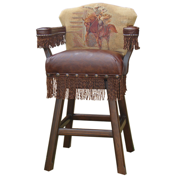 Front view of Rancho Grande bar stool with cowboy fabric backrest and leather fringe accents