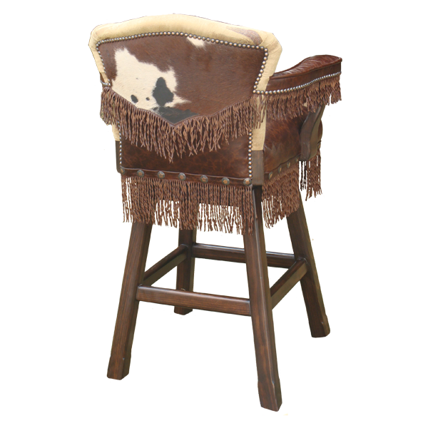 Rear three-quarter view of Rancho Grande bar stool with cowhide back and V-shaped fringe