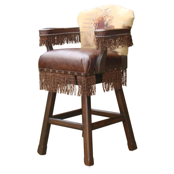 Three-quarter view of Rancho Grande bar stool showing cowboy fabric and cowhide contrast