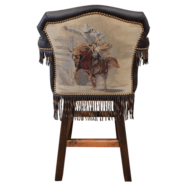 Back view of Custer bar stool with removable chaps and branding-ready panel