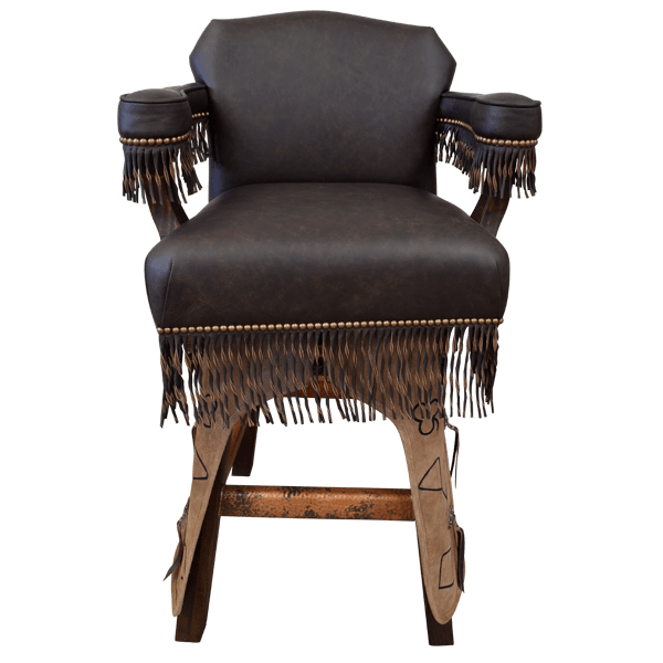 Front view of Custer bar stool with full grain leather upholstery and removable chaps