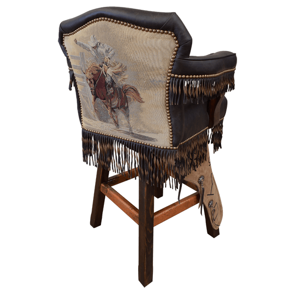 Rear three-quarter view of Custer bar stool with customizable chaps and timber wood base