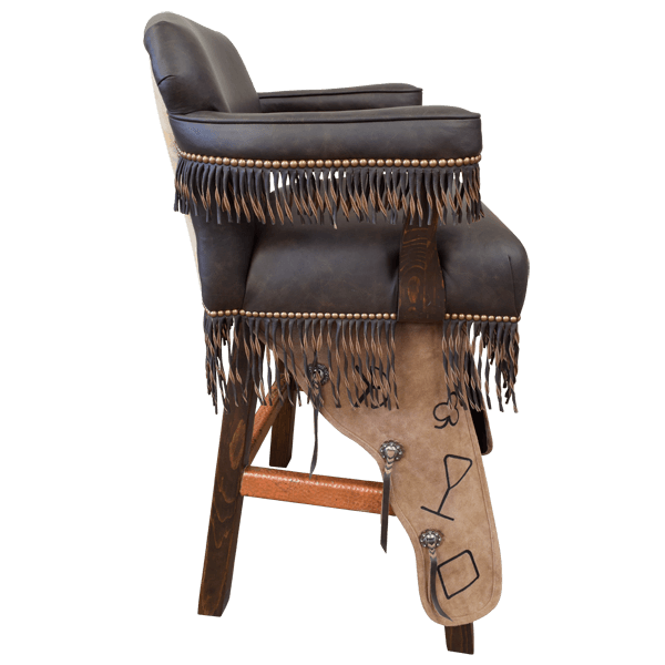 Side view of Custer bar stool with leather chaps and spring swivel mechanism