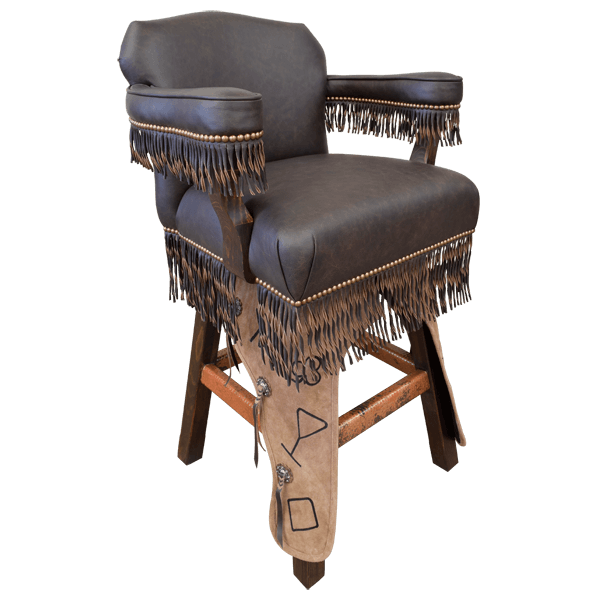 Three-quarter view of Custer bar stool showing leather chaps and timber wood legs