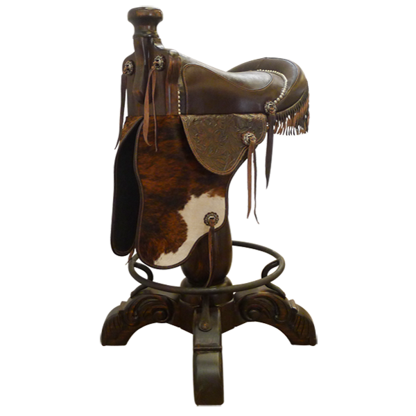 Three-quarter view of Saddle 9 bar stool with patterned leather saddle seat, cowhide fenders, and floral horn detail