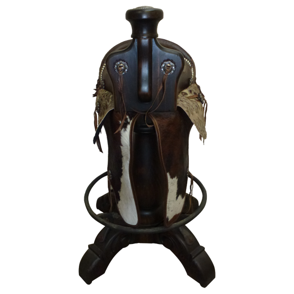 Front view of Saddle 10 bar stool with leather saddle seat and decorative horn