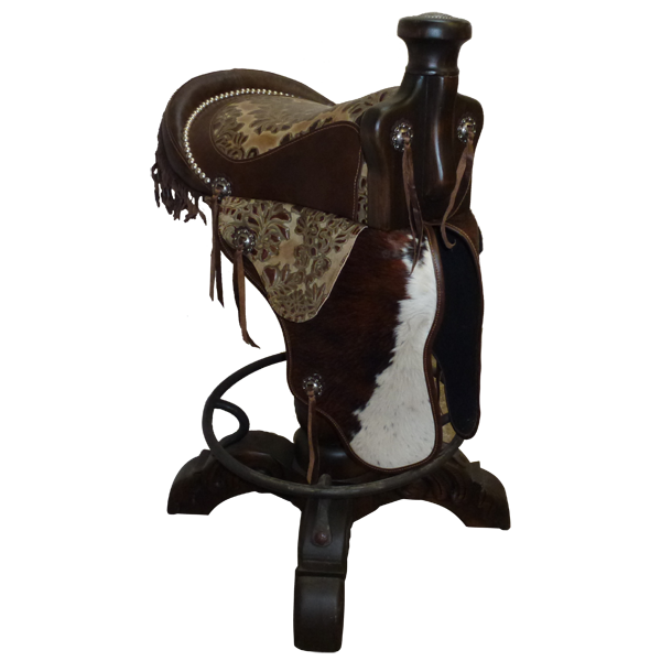 Three-quarter front view of Saddle 10 bar stool with patterned leather saddle and fringe accents