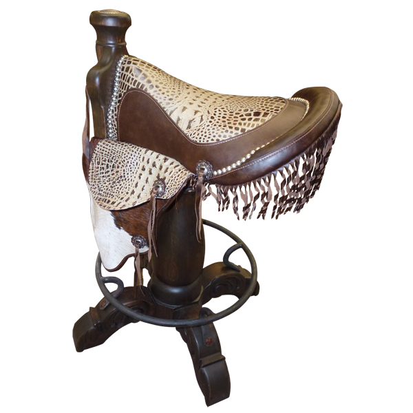 Side view of Saddle 11 bar stool with cowhide fenders and circular footrest